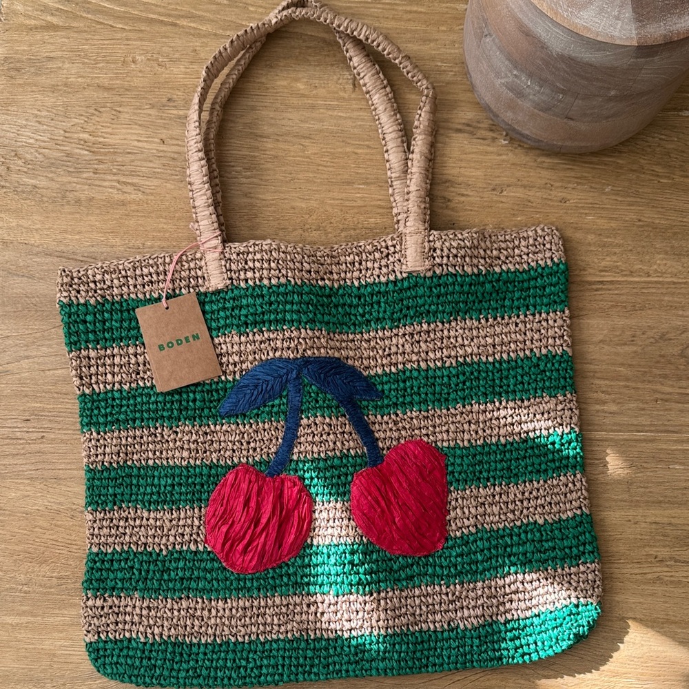 Boden Green and Tan Striped Tote with Cherry Accents